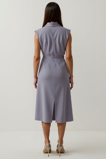 Grey Purple Satin Peak Lapel Midi Work Dress with Slit